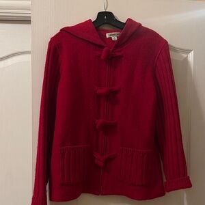 Coldwater Creek Red Hooded Cardigan 100% wool